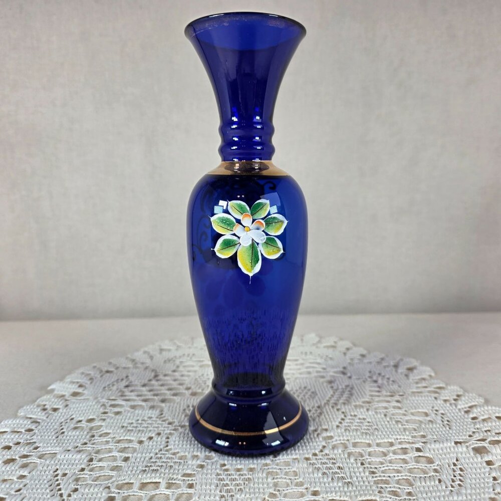 Bohemian Czech Cobalt Blue Vase 24k Gold Gilt & Hand Enameled Floral Design - Picture 6 of 6